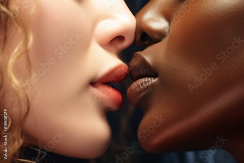 Close-up view of the lips of two women touching each other. Generative AI image