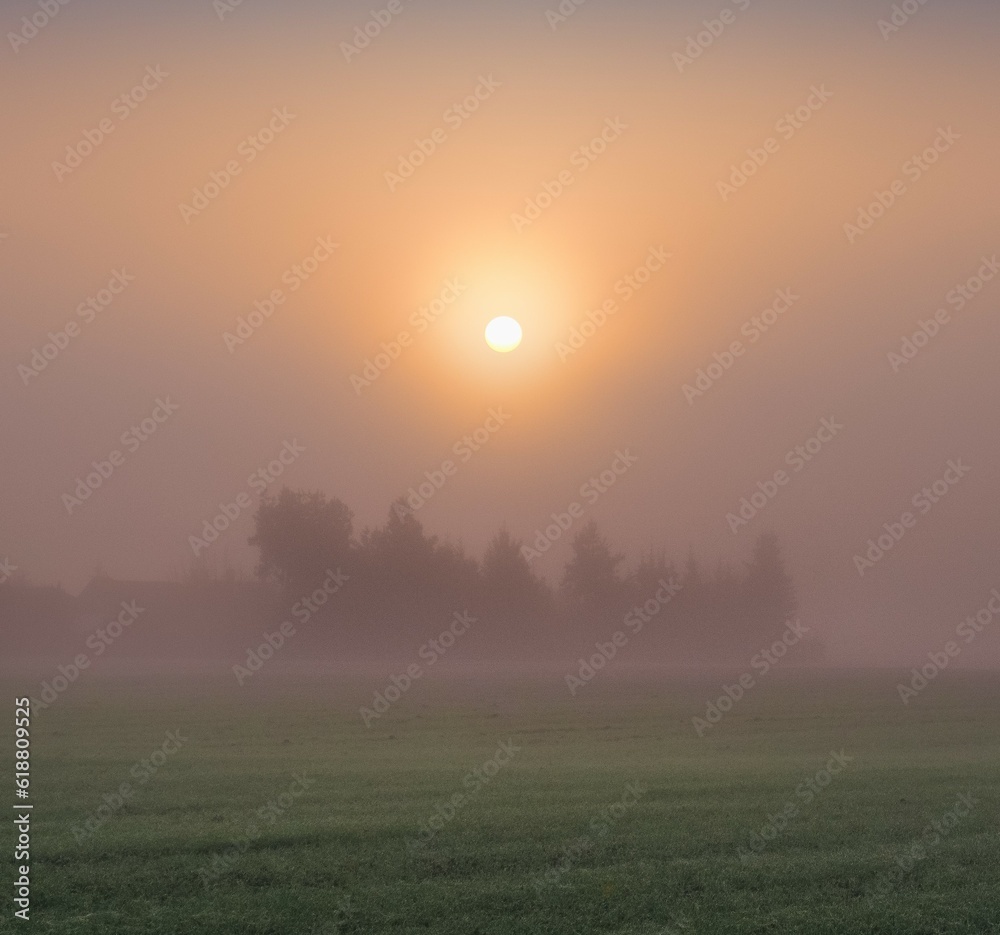 A misty sunrise with trees