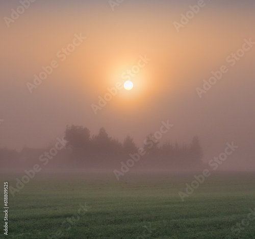 A misty sunrise with trees