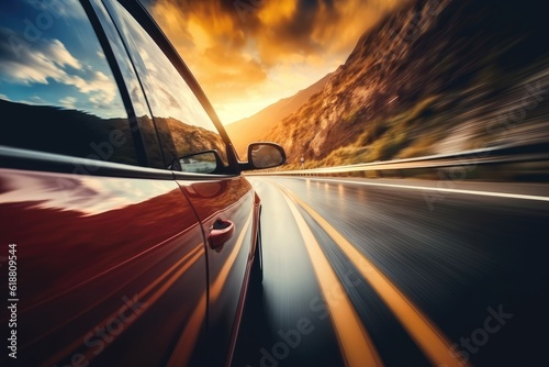 A generic and unbranded red sport car running with motion blur. generative ai illustration