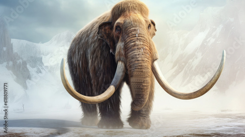 Mammuthus primigenius. Ice Age gigantic mammoth with thick fur. photo