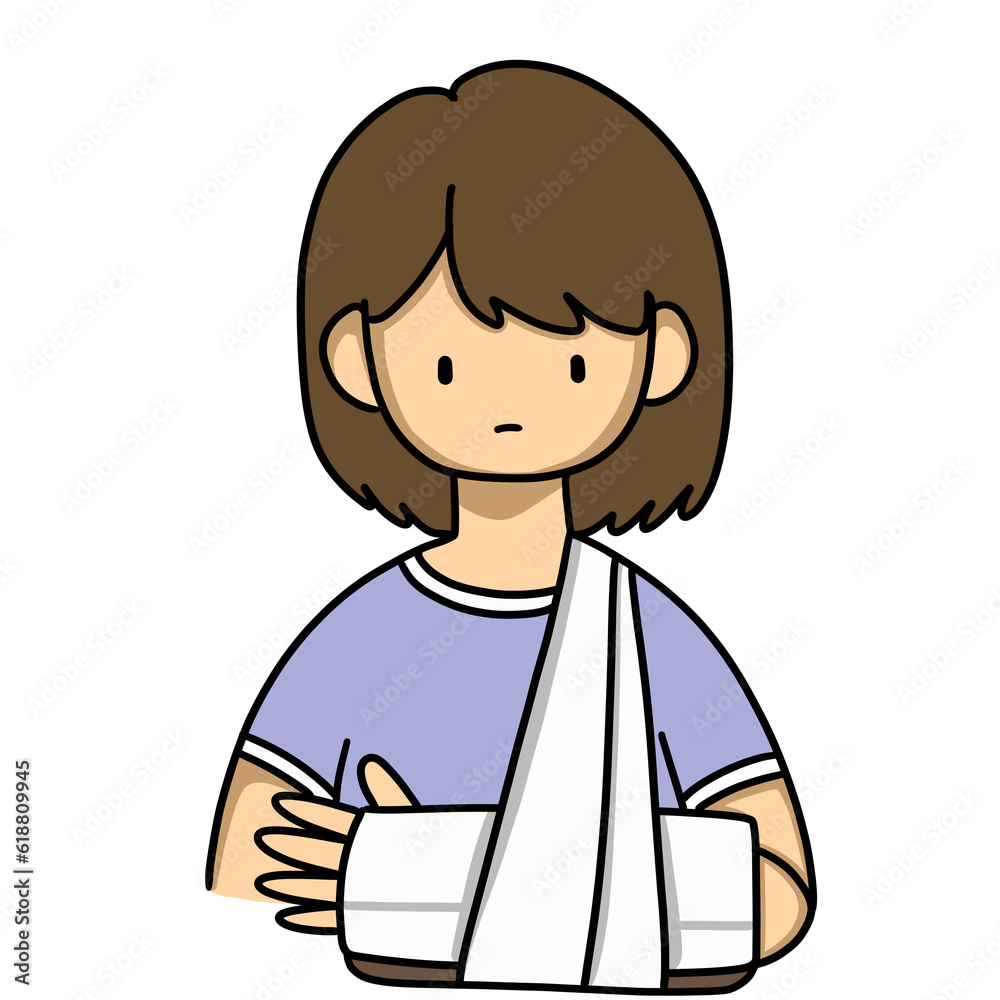 A woman physical injury broken bandage illness an accident. Broken arm in a bandage. Hand drawing cartoon PNG transparent. A woman physical injury broken bandage illness an accident. Broken arm in a bandage. Hand drawing cartoon PNG transparent.