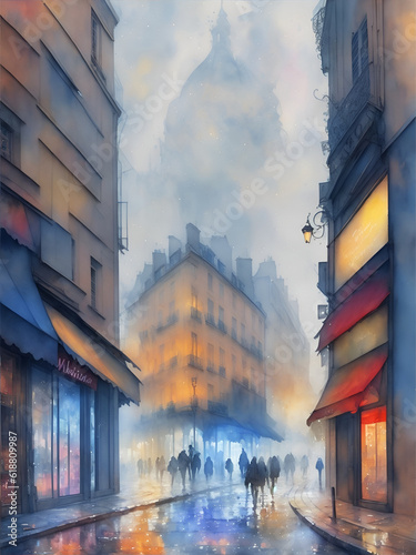 Paris street. Watercolor. AI generated illustration