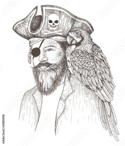 Vector illustration of a pirate in a hat, bandana and eyepatch with a macaw parrot on his shoulder in the style of engraving