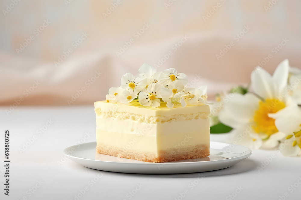 Classic vanilla cheesecake New York slice with flower on a light kitchen background. Generative AI photo.