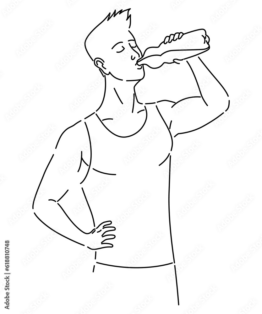 Benefits drinking water in coloring style. Healthy human body hydration, man with bottle drinks water. Healthcare drink illustration. Healthy Lifestyle concept Benefits drinking water in coloring style. Healthy human body hydration, man with bottle drinks water. Healthcare drink illustration. Healthy Lifestyle concept