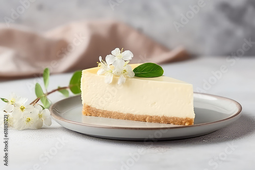 Classic vanilla cheesecake New York slice with flower on a light kitchen background. Generative AI photo. photo