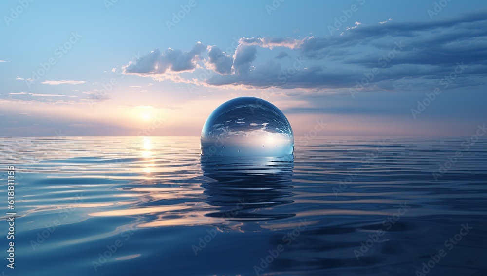 surreal landscape with glass sphere floating above the ocean Generative AI