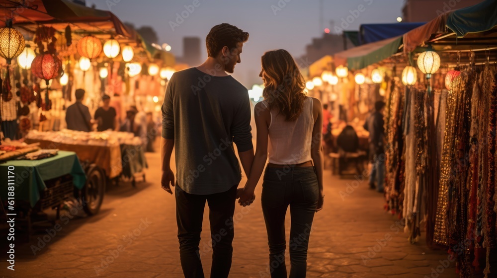 Walking hand in hand over a night market - people photography