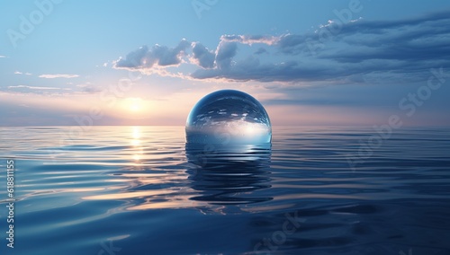 surreal landscape with glass sphere floating above the ocean Generative AI © Paula