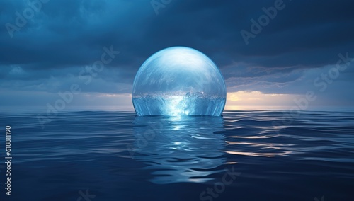surreal landscape with glass sphere floating above the ocean Generative AI