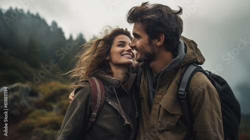 Couple in Love on a hiking together through the nature - people photography