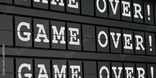 Game Over. Black timetable display with the message, game over in white letters. Leisure games, computer games, finishing, end, final game, challenge, video game. 3D illustration