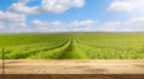Empty wooden surface on the background of a vineyard on a bright sunny day.