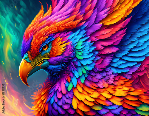 Colorful phoenix bird head, symbol of rebirth - Generative AI © Elenarts