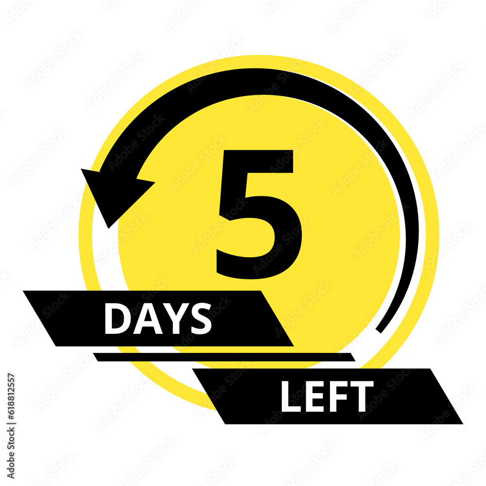 Countdown of days. Number 5 of days left to go. Promotional banner. Price offer promo deal timer, five day only. Stylized counter in black and yellow colors