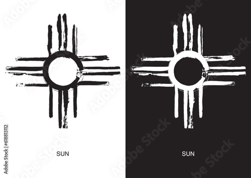 Poster of Sun symbol. Most popular Native American Ancient Symbols. Black ink handwriting. Vector
