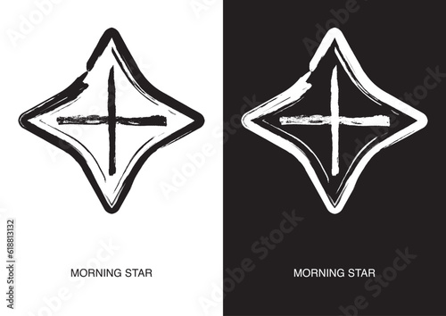 Poster of Morning Star symbol. Most popular Native American Ancient Symbols. Black ink handwriting. Vector