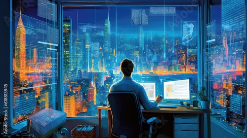 A focused businessman sits in front of the monitor compelling illustration - Generative AI.