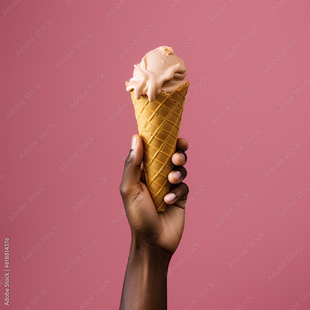 ice cream cone in hand on minimal color background isolated Generative AI