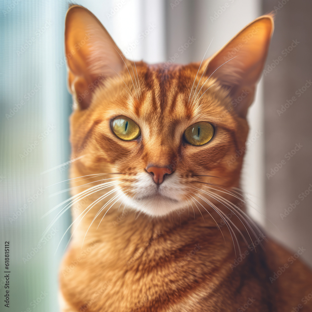Portrait of a tabby Abyssinian cat sitting beside a window. Closeup face of a beautiful Abyssinian cat at home. Portrait of a ruby Abyssinian  cat with red fur looking at the camera.  AI generated.