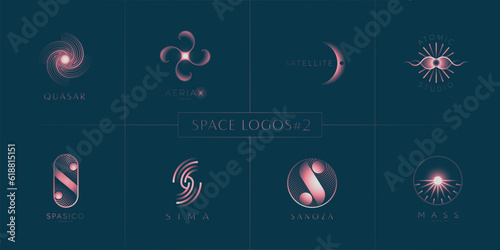 Space logo collection, Minimal logotype, Cosmic emblem, Moon, Planet, Galaxy, Star, S letter, Set, Collection