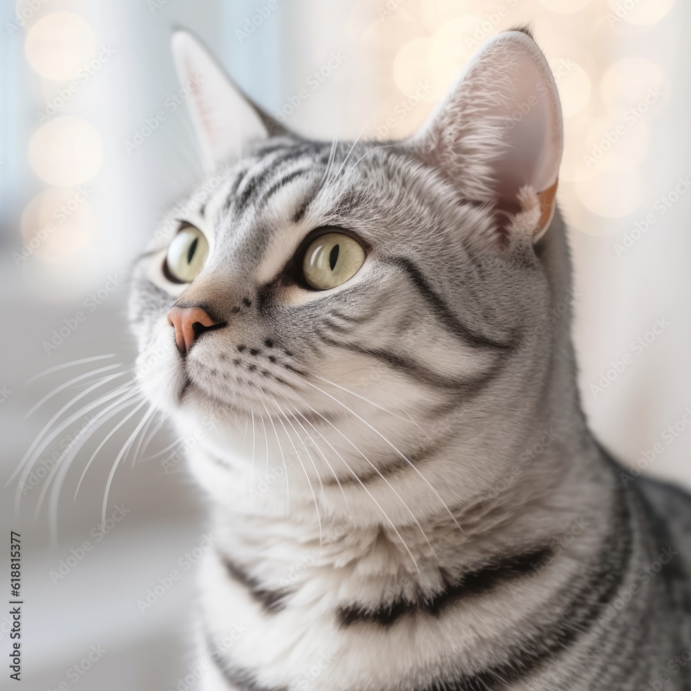 Profile portrait of an American Shorthair cat sitting beside a window in a light room with blurred background. Closeup face of a American Shorthair cat at home. Portrait of a tabby cat with sleek fur.