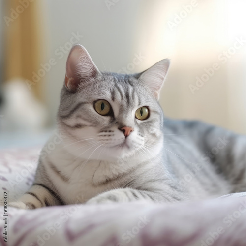Portrait of an American Shorthair cat lying on a sofa beside a window in a light room. Closeup face of an American Shorthair cat at home. Portrait of a tabby cat with sleek fur looking at the camera.