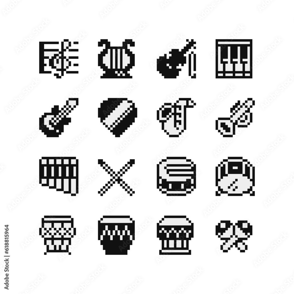 Musical instrument emoji, pixel art icons set. Treble clef, lyre, piano, guitar, saxophone