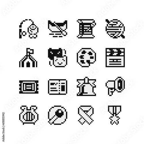 Сreativity and art set, video game 1 bit pixel art icons. Design for logo game, sticker, web, mobile app, badges and patches. Isolated pixel art vector illustration. Game assets.