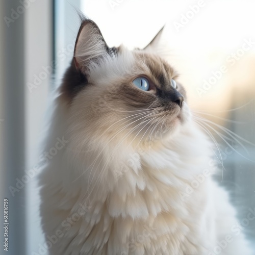 Portrait of a Birman cat sitting in a light room beside a window. Closeup face of a beautiful Birman cat at home. Portrait of a cute Birman cat with sleek fur and blue eyes looking outside a window.