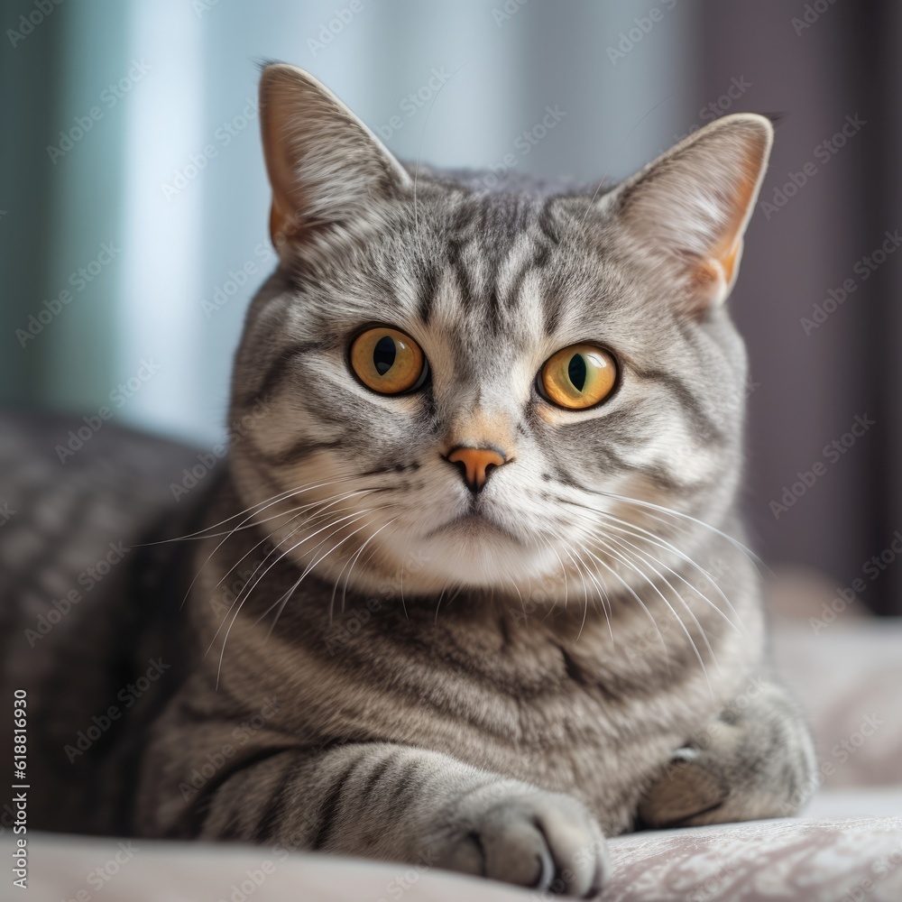Portrait of a light gray British Shorthair cat lying on a sofa beside a window in light room. Closeup face of a beautiful British Shorthair cat at home. Portrait of a tabby cat looking at the camera.