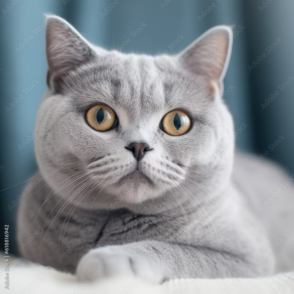 Portrait of a silver British Shorthair cat lying on a sofa beside a window in a light room. Closeup face of a beautiful British Shorthair cat at home. Portrait of a cute cat looking at the camera.