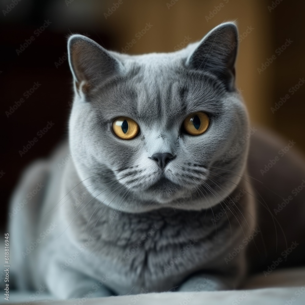 Portrait of a dark gray British Shorthair cat lying on a sofa beside a window in a light room. Closeup face of a beautiful British Shorthair cat at home. Portrait of a cute cat looking at the camera.