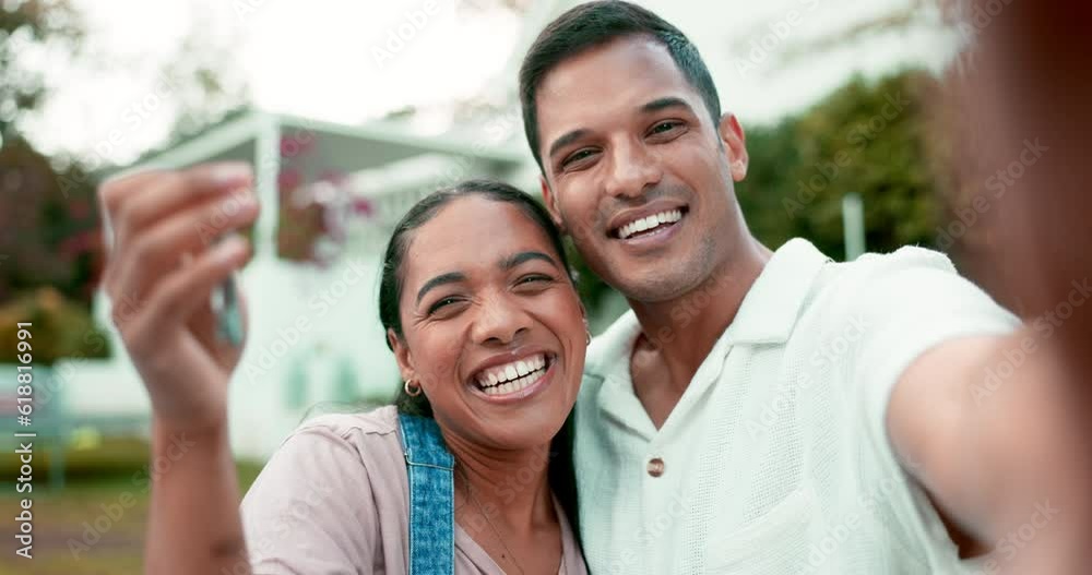Key, selfie and couple excited, home and real estate with happiness, homeowner and relationship goals. Face, man and woman outdoor, property and social media with excitement, mortgage and investment Key, selfie and couple excited, home and real estate with happiness, homeowner and relationship goals. Face, man and woman outdoor, property and social media with excitement, mortgage and investment