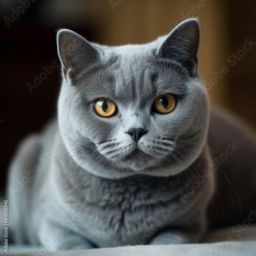 Portrait of a dark gray British Shorthair cat lying on a sofa beside a window in a light room. Closeup face of a beautiful British Shorthair cat at home. Portrait of a cute cat looking at the camera. © Valua Vitaly