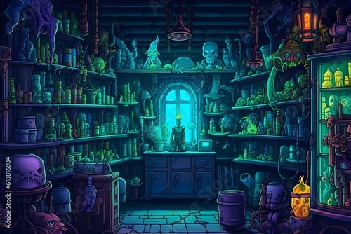 alchemical laboratory with magic books and potion cartoon illustration with retro style © gantengmanja