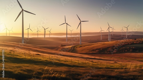 Wind generator in the field, electrical installation or windmill for short, windmill, ecological energy with care for the planet. Generative AI