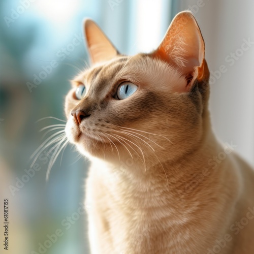 Portrait of a cream Burmese cat sitting in a light room beside a window. Closeup face of a beautiful Burmese cat at home. Portrait of a pale Burmese cat with sleek light fur looking outside the window