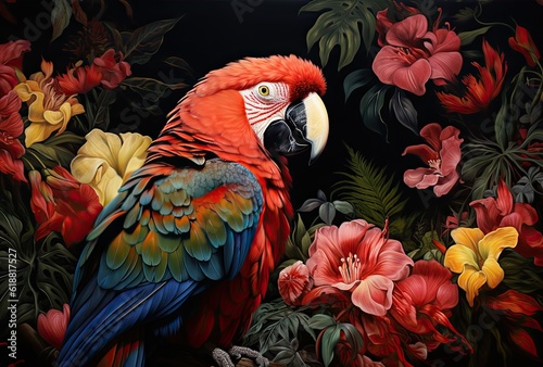 Colorful painted tropical parrot in the jungle flowes background.