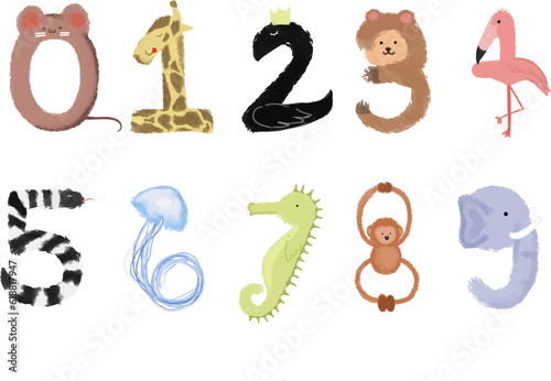 Animal shape of number Zero to nine consist of rat, giraffe, swan, bear, flamingo, snake, jellyfish, seahorse, monkey and elephant.