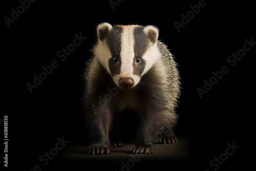 Badger standing on its hind legs on black background with black background. Generative AI. © valentyn640