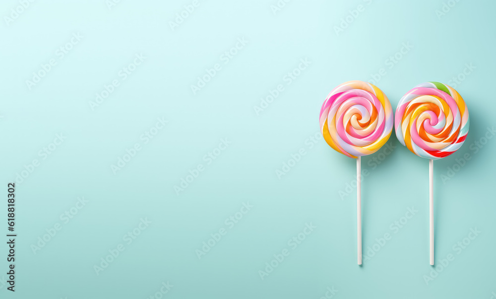 Two round lollipops on a stick with a rainbow spiral isolated on a pastel blue background. Copy space for text, sweet candy banner template. Generative AI photo. Two round lollipops on a stick with a rainbow spiral isolated on a pastel blue background. Copy space for text, sweet candy banner template. Generative AI photo.
