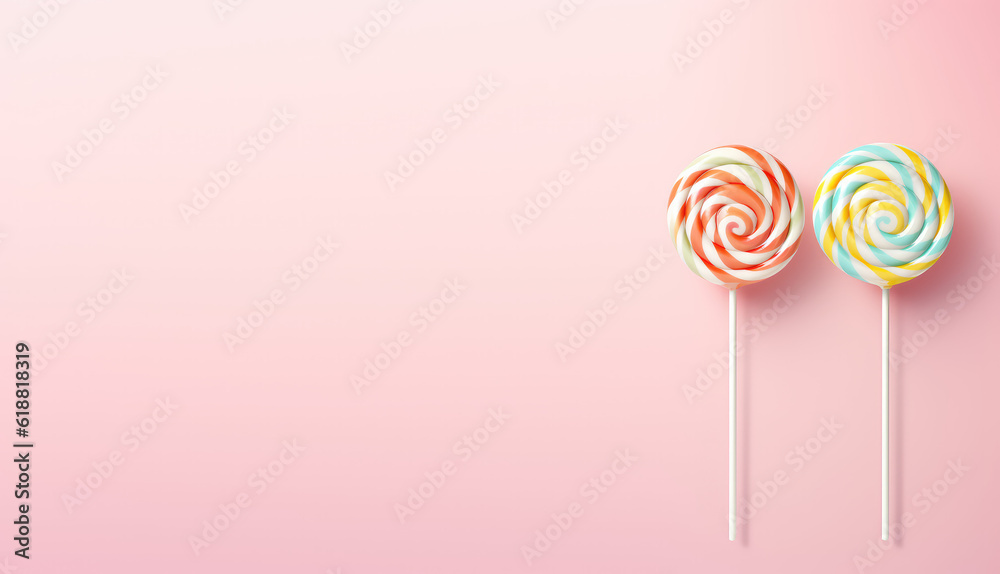 Two round lollipops on a stick with a rainbow spiral isolated on a pastel pink background. Copy space for text, sweet candy banner template. Generative AI photo. Two round lollipops on a stick with a rainbow spiral isolated on a pastel pink background. Copy space for text, sweet candy banner template. Generative AI photo.