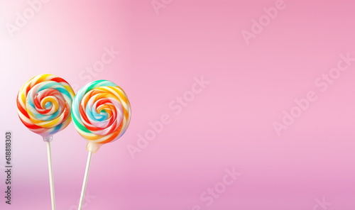 Two round lollipops on a stick with a rainbow spiral isolated on a pastel pink background. Copy space for text, sweet candy banner template. Generative AI photo.