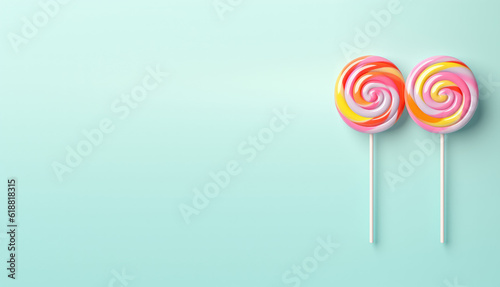 Two round lollipops on a stick with a rainbow spiral isolated on a pastel blue background. Copy space for text, sweet candy banner template. Generative AI photo.