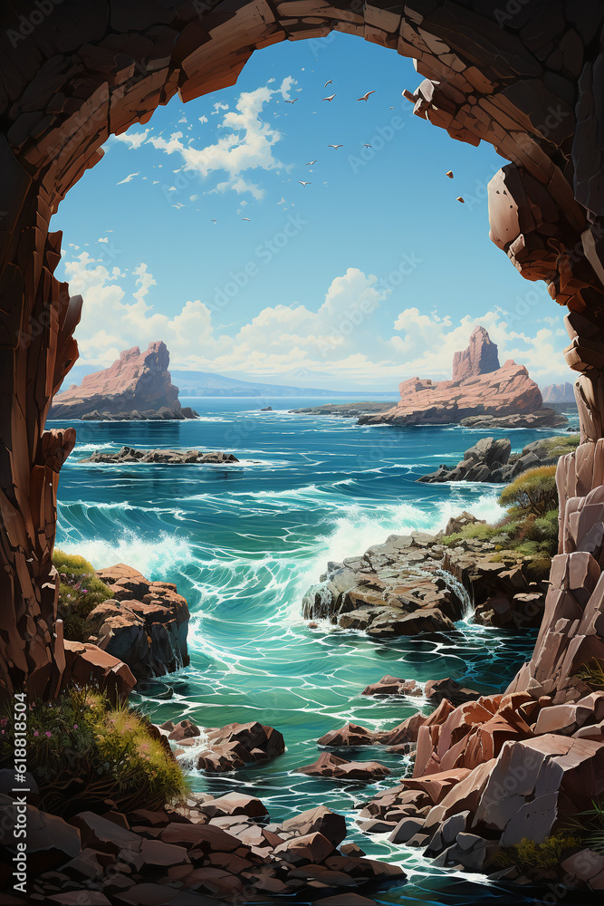 Fototapeta premium Fantasy window to a view of ocean and rocks. AI generative