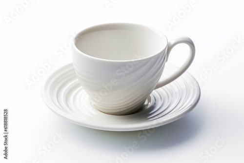 White coffee cup and saucer sitting on white saucer on plate. Generative AI.