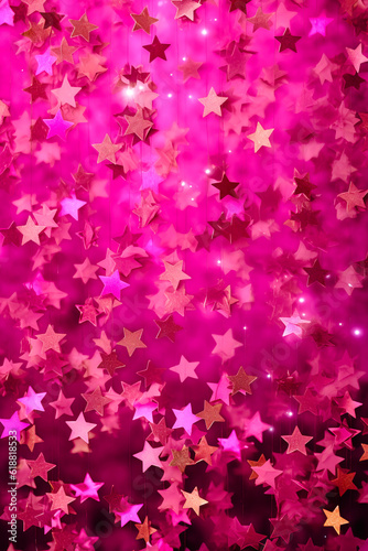 Large group of pink stars hanging from the ceiling of room with lights. Generative AI.