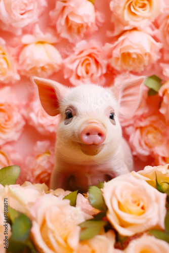 Small pig sitting in bed of pink and white flowers and roses. Generative AI.